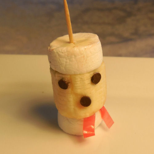 A toothpick inserted into marshmallow banana Santa treats.