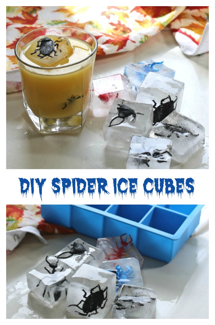 These DIY spider ice cubes are made with plastic bugs in super large silicone ice cube trays