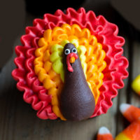 Cupcake with frosted turkey on top.