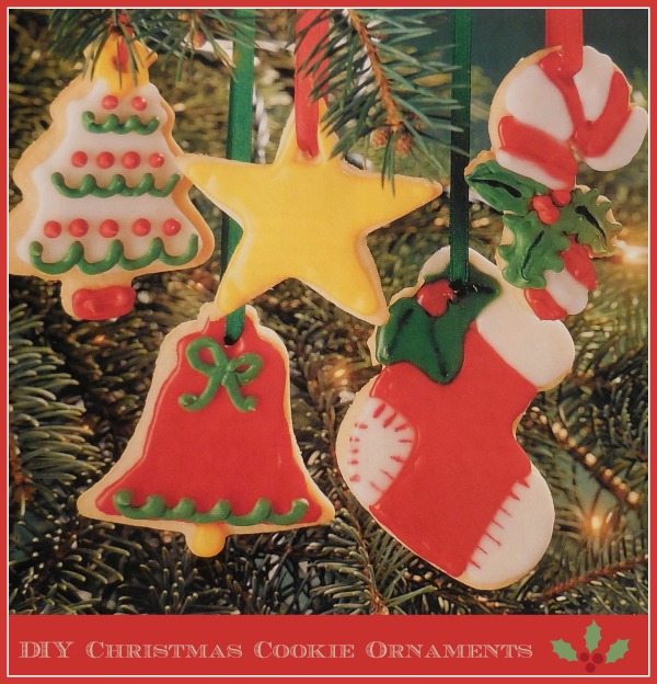 Five DIY Christmas Cookie Ornaments hanging in a Christmas tree.