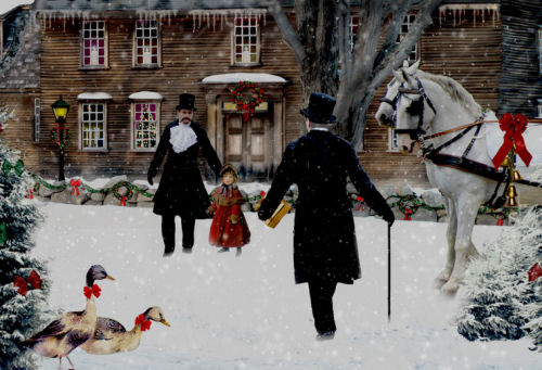 Victorian Christmas scene with two men, an little girl, two geese and a pair or horses in the snow in front of a building with Christmas wreaths on it.