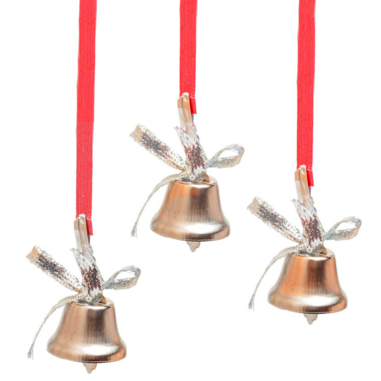 Three silver bells hanging from red ribbons.