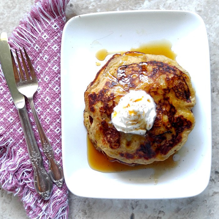 These banana pumpkin pancakes will welcome in fall in a very tasty way. Great to serve for Thanksgiving breakfast!