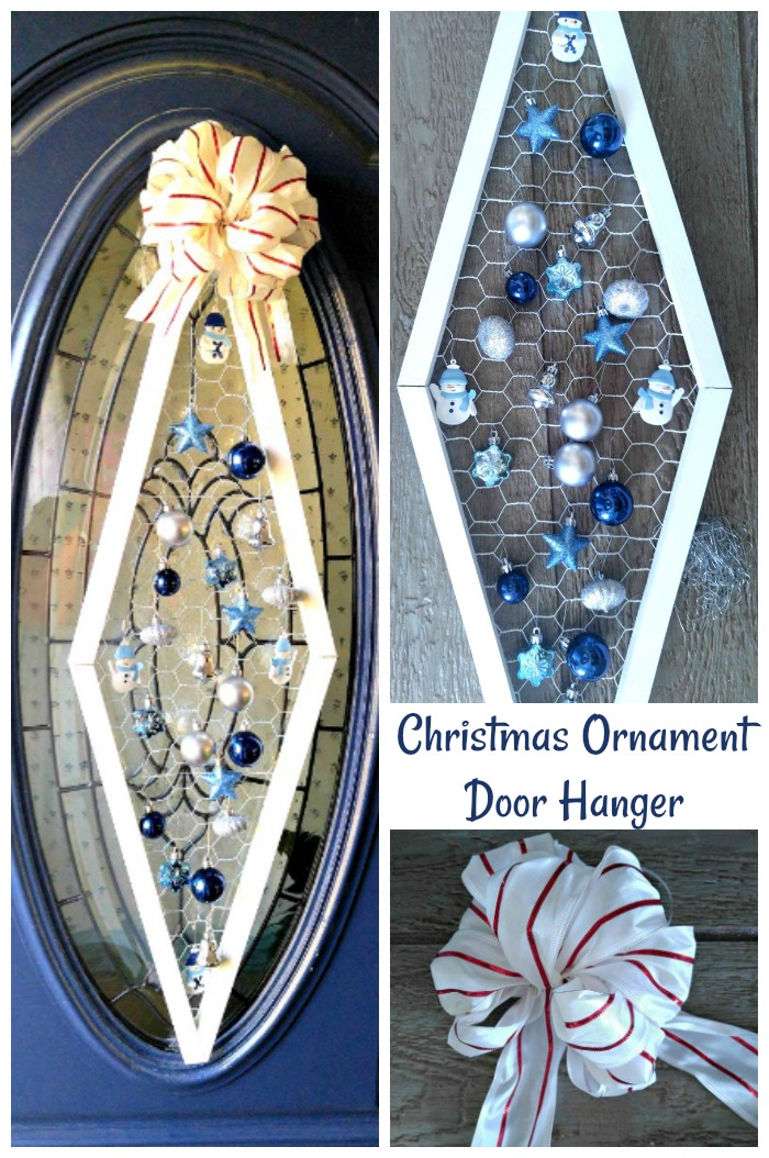 This Christmas ornament door hanger fits an oval glass panel in a front door perfectly. It makes a nice change from a wreath.