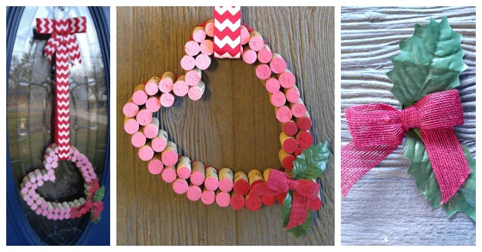 A wine cork heart front door decoration collage, with the completed heart door decoration on the left, and process shots of it being made to the right of it. 
