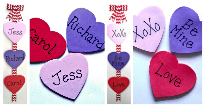 A collage of Valentine's Day wall decorations, including close ups and finished project shots of this conversation heart wall decor.