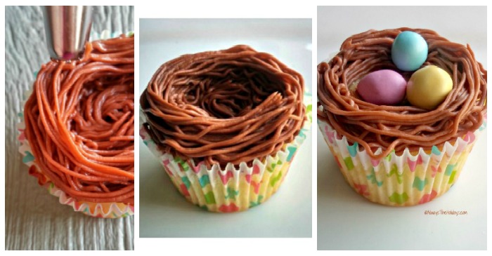 Three step by step photos showing how to make an Easter Nest Cupcakes recipe with robin eggs.