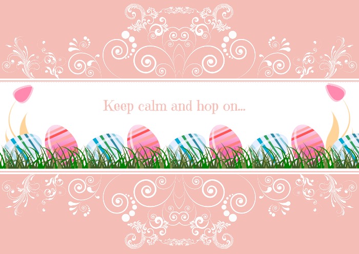 Pink Easter wrapping paper with eggs on it that says "Keep calm and hop on".
