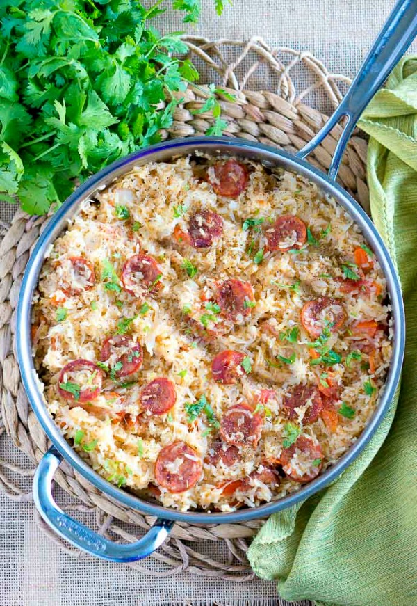 One pot sausage sauerkraut and rice casserole from deliciousmeetshealthy.com
