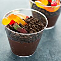 Halloween dirt cups with gummy worms.