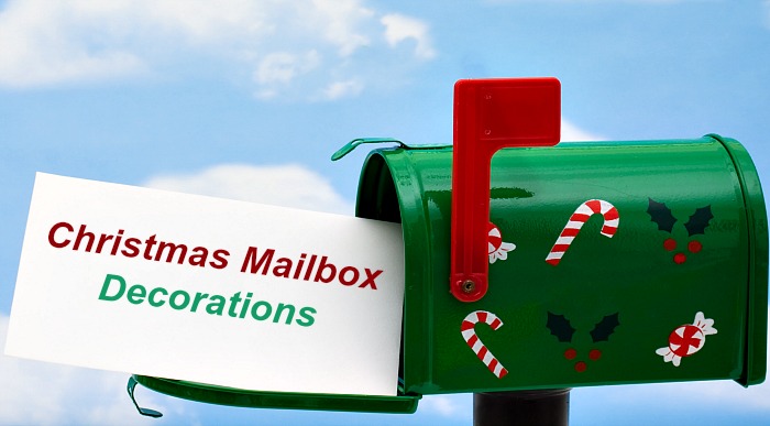 Green mailbox with decorations on it and a card reading Christmas mailbox decorations.