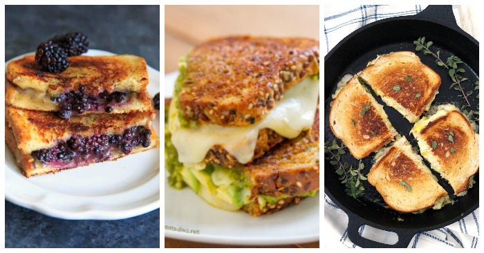 A collage of three different grilled cheese sandwiches, one with blackberries, one with avocado and one with fresh oregano.