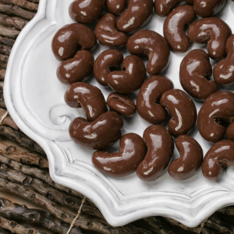 A white porcelain dish filled with chocolate covered cashews.