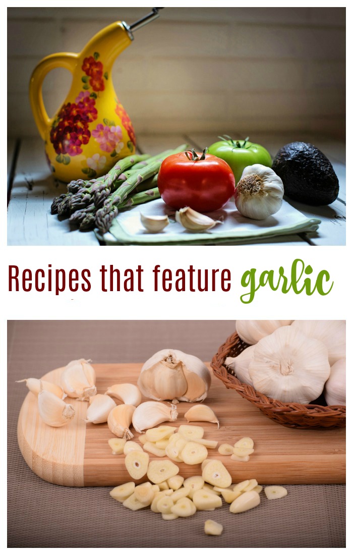 Text that reads "recipes that feature garlic" in between two photos, one of garlic on a cutting board, and one of asparagus, garlic, tomatoes, an avocado and olive oil container on a counter.