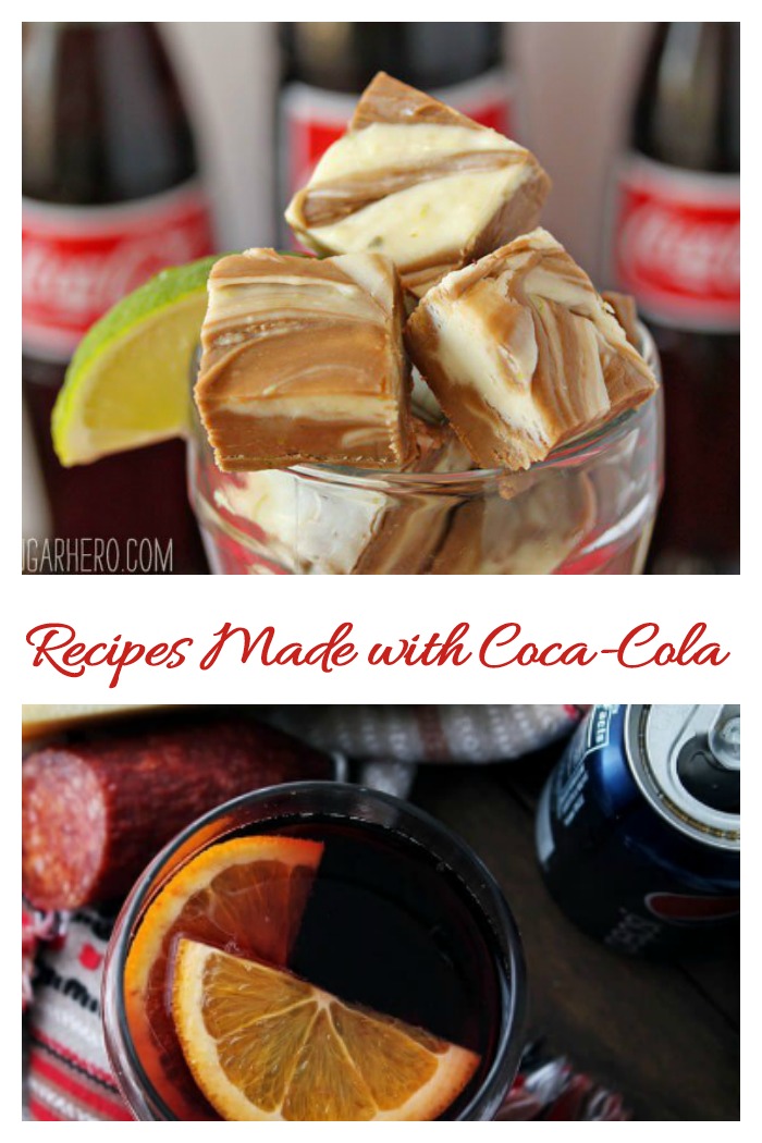 The text "recipes made with Coca-Cola" between a photo of fudge made with Coke, and a beverage made with Coke.