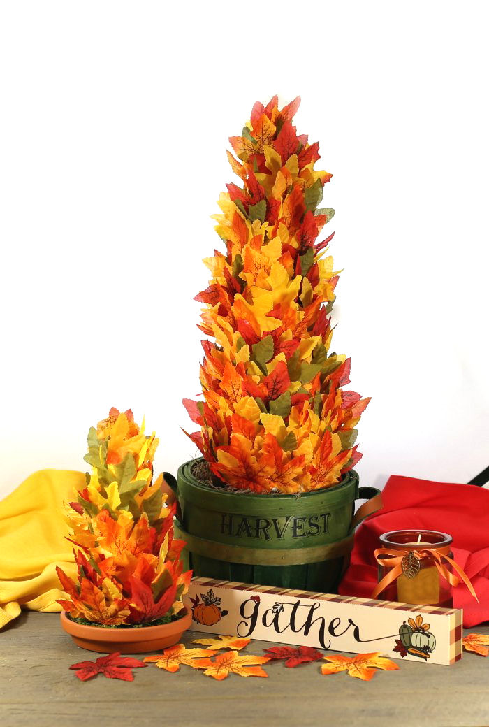 Two DIY autumn trees in a harvest vignette