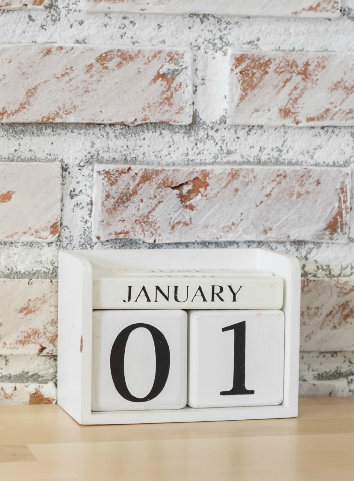 Brick wall with a flip calendar dated January 01.