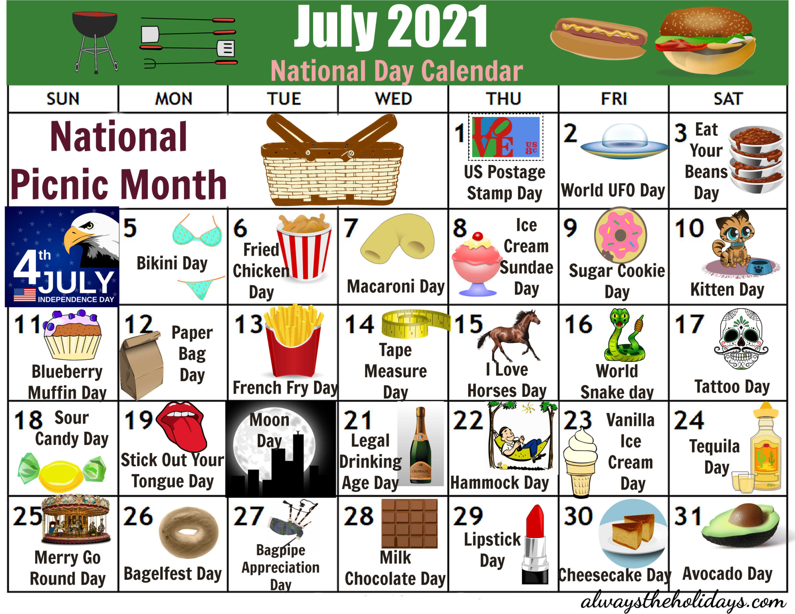 National Day Calendar July 2022 July National Day Calendar - Free Printable - 2021