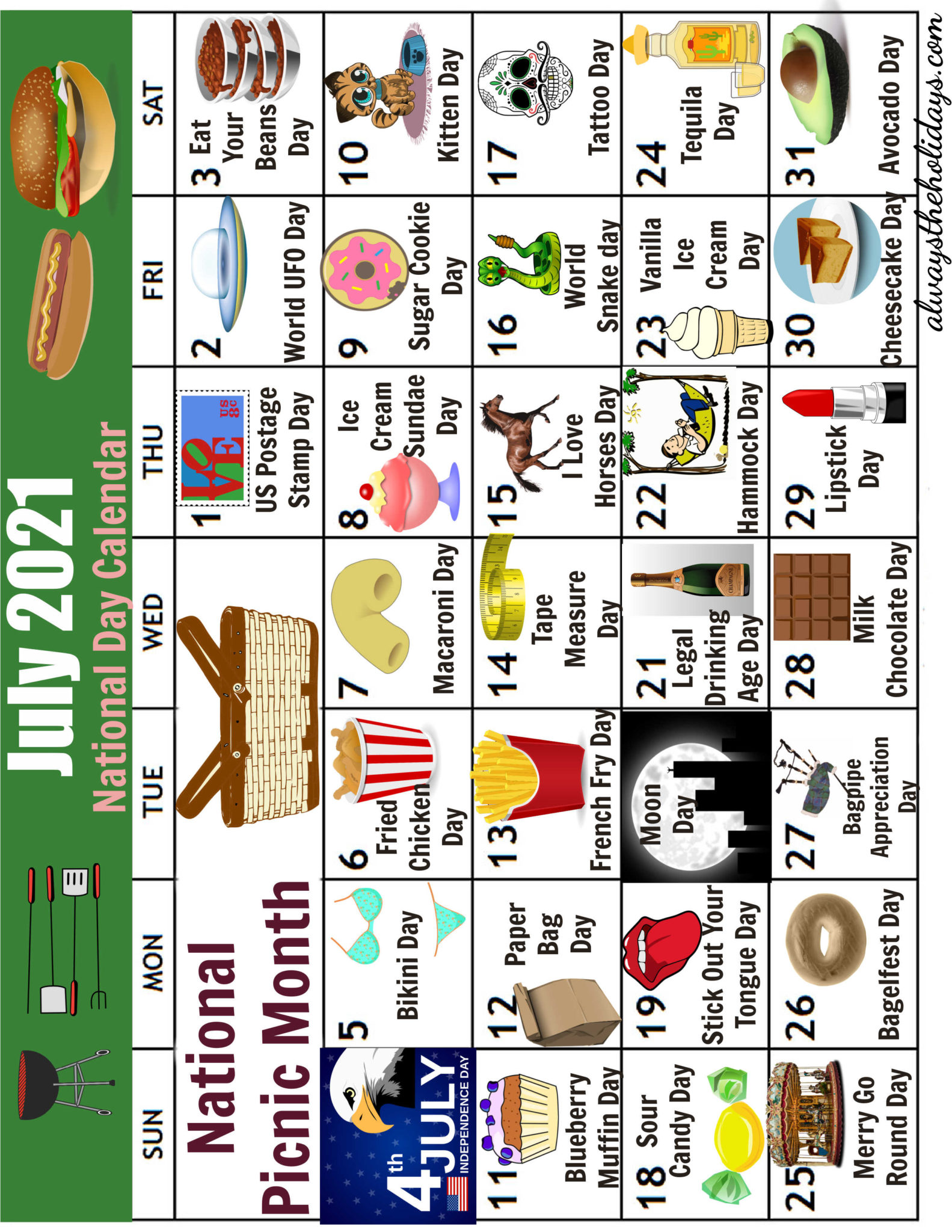 July National Day Calendar Free Printable 2021