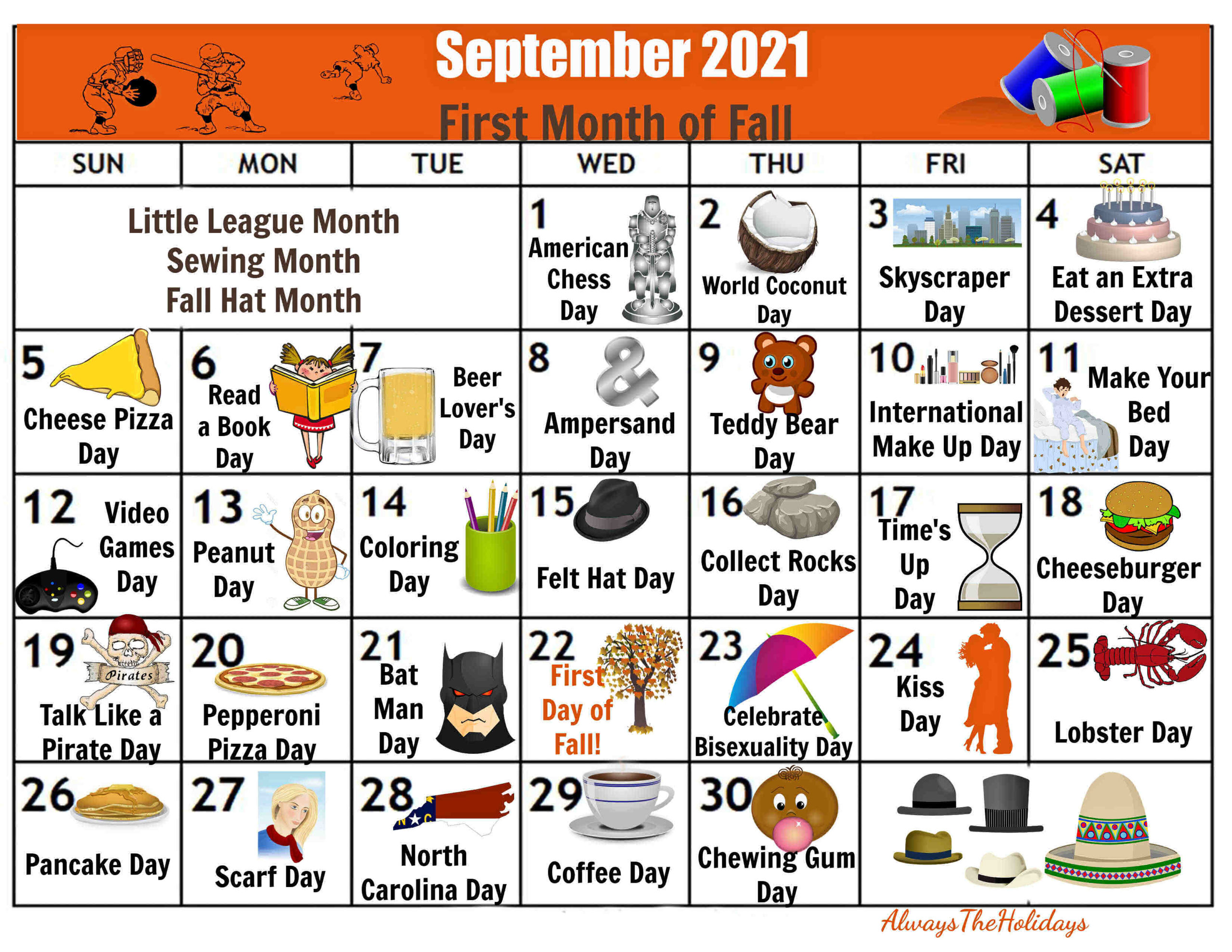 Calendar with icons on it and words Septermber 2021 First Month of Fall