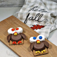 Owl Cookie Treats on a wooden board near a fall towel.