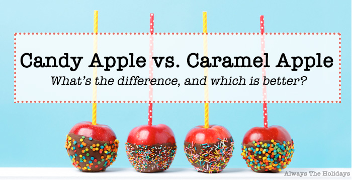 Four candy apples coated with chocolate and sprinkles with a text overlay reading "Candy apple vs caramel apple what's the difference and which is better?".