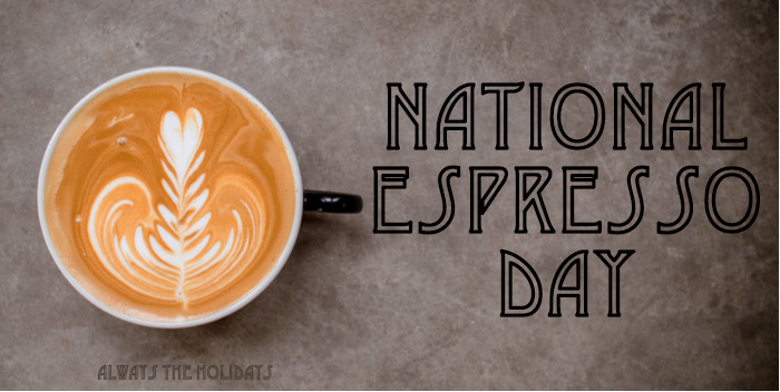 A latte on a grey background with a text overlay that says "National Espresso Day".