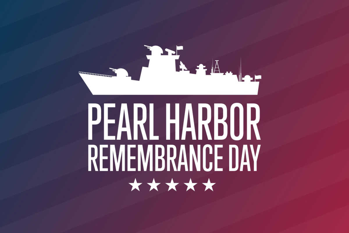 Ship on a purple background with words Pearl Harbor Remembrance Day.