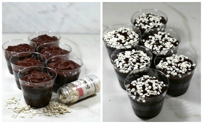 Chocolate dirt pudding with snowflake sprinkles on top.