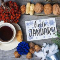 Cup of tea and nuts with words Hello January.