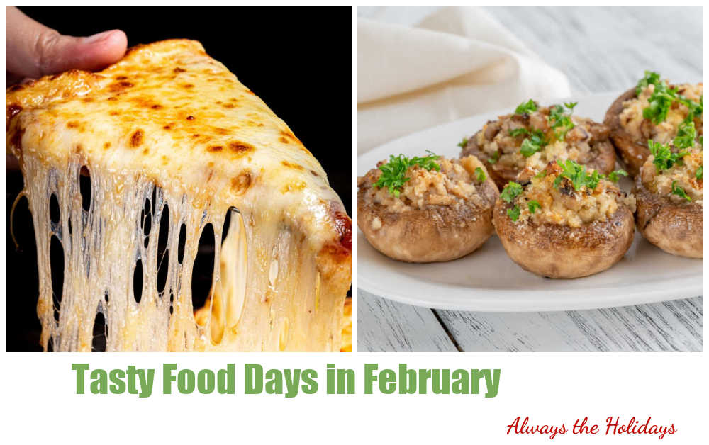 Pizza and stuffed mushrooms with words Tasty Food Days in February.
