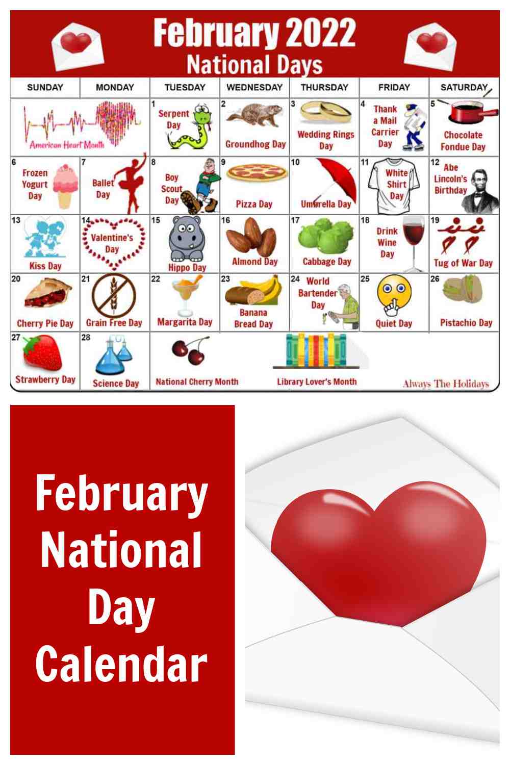 National Day calendar for February 2022 with heart in a letter.