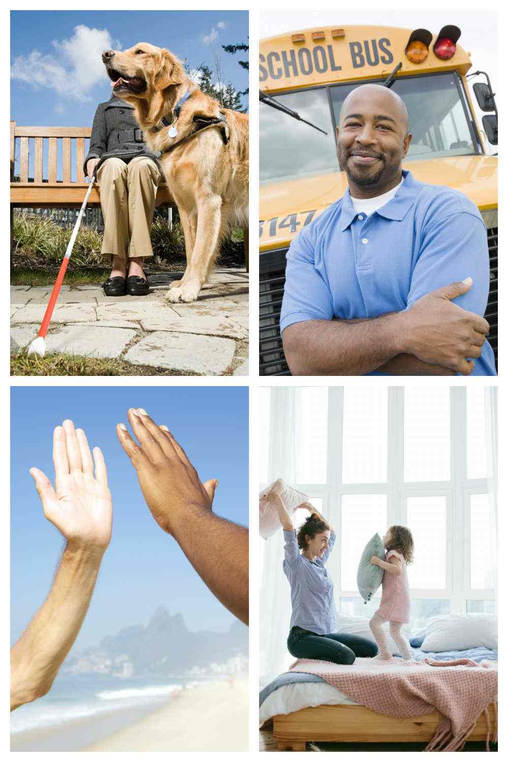 High five, pillow fight, school bus driver, and guide dog photos in a collage.