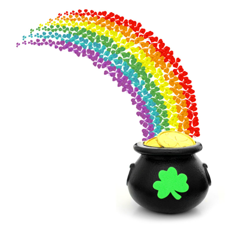 A rainbow of four leaf clovers leading to a pot of gold.