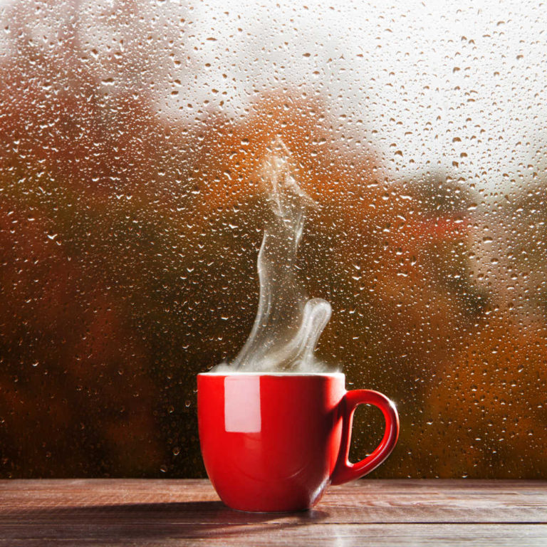 A red cup of tea producing steam against a rainy window on National British Tea Day.