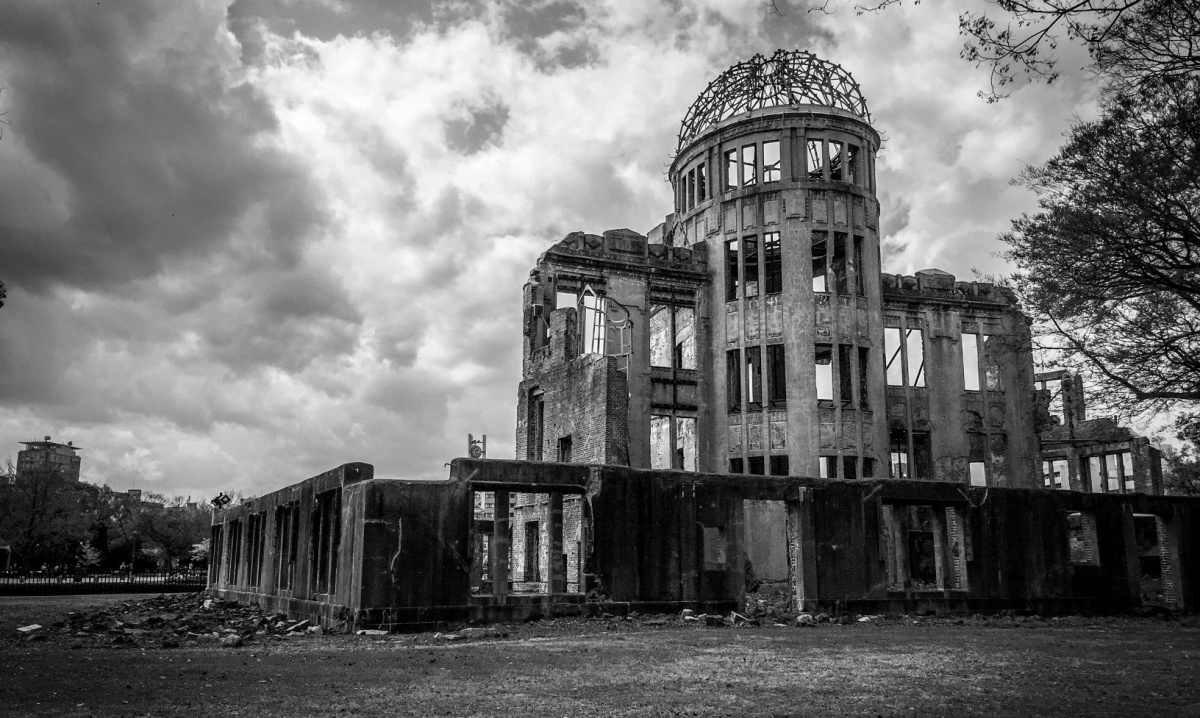 Black and white photo of Hiroshima atomic bomb dome.