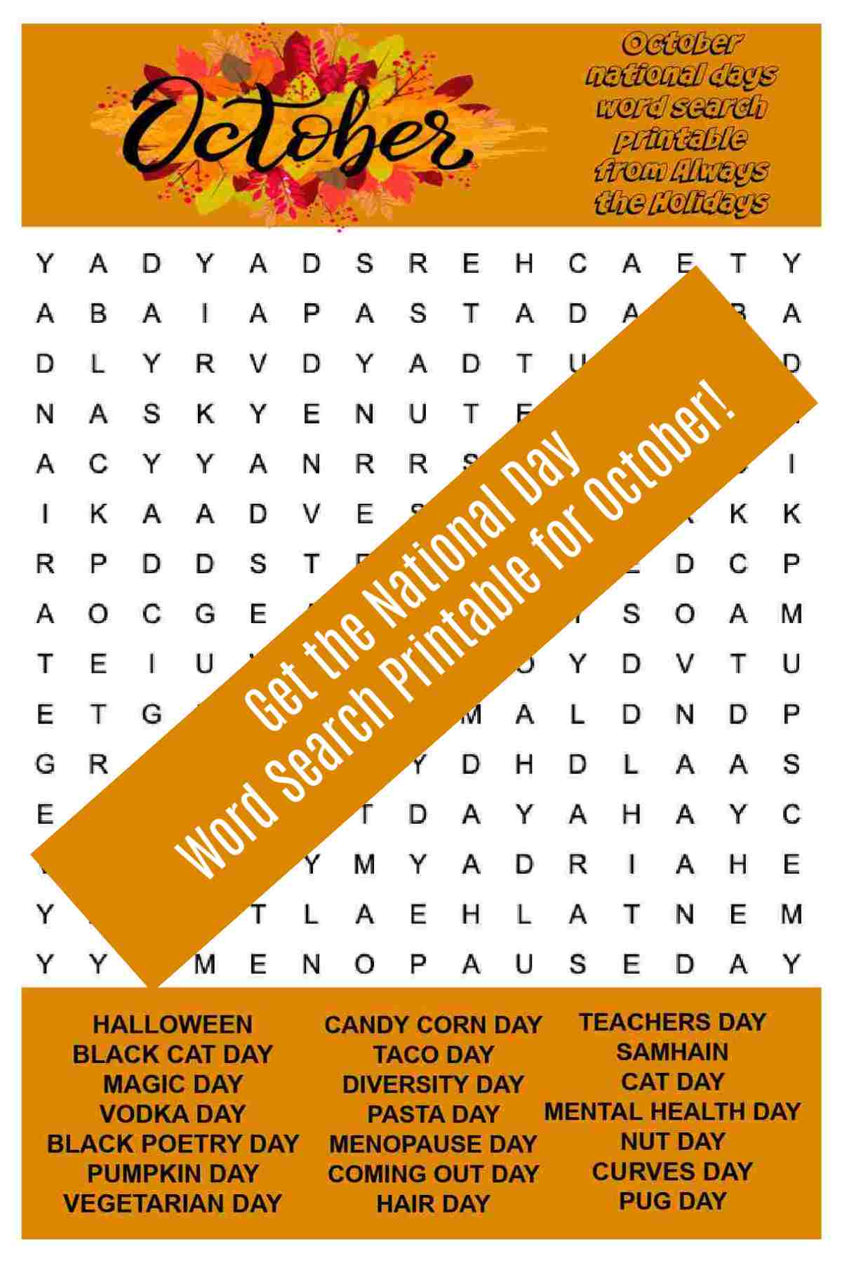 Word find puzzle with orange banner and words reading Get the National Day word search printable for October.
