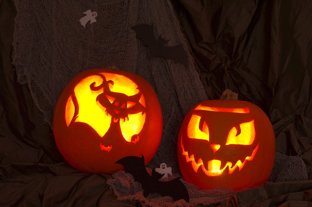Two cat pumpkin carving ideas, one is a cat jack o lantern, and the other is a cartoon cat.