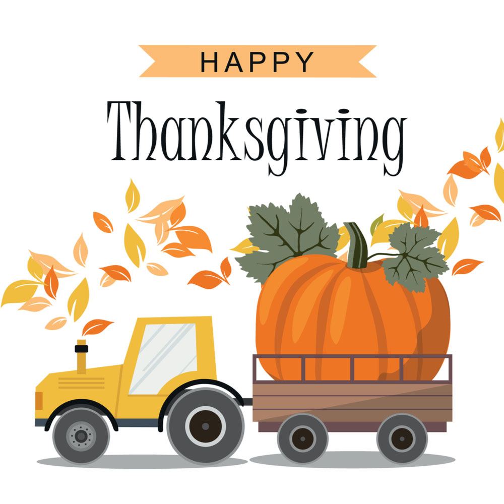 A truck carrying a large pumpkin with leaves blowing around it and text over it that reads Happy Thanksgiving.