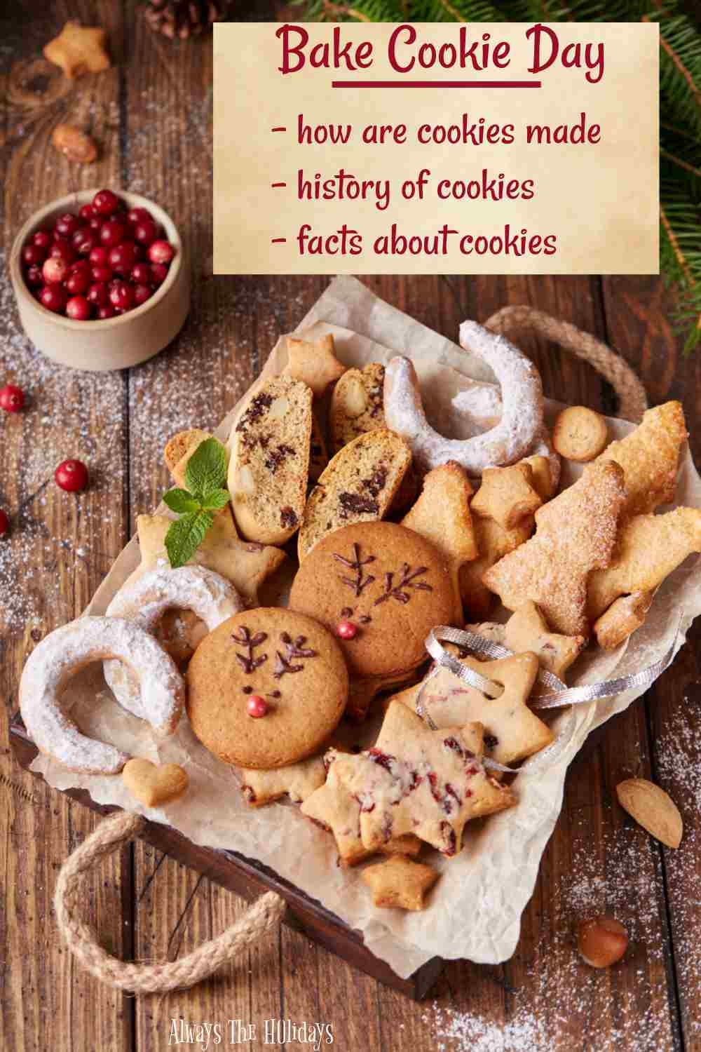 Platter of cookies with words Bake Cookies Day - how are cookies made - history of cookies - facts about cookies.