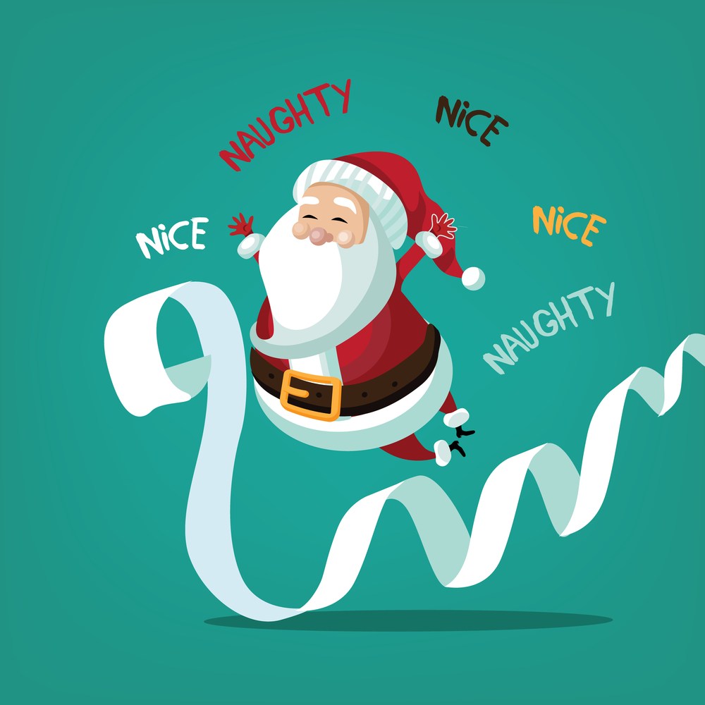 A clipart Santa jumping over a long list surrounded by the words "nice" and "naughty" and as the list extends past the frame of the image it begs the question "how long is Santa's list?".