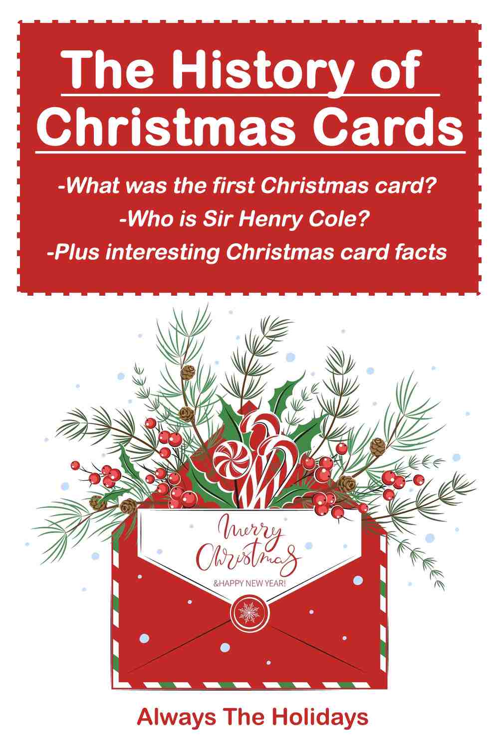 A cartoon Christmas card with pine and candy coming out of it with a text overlay that reads "The history of Christmas cards, what was the first Christmas card, who is Sir Henry Cole and interesting Christmas card facts".