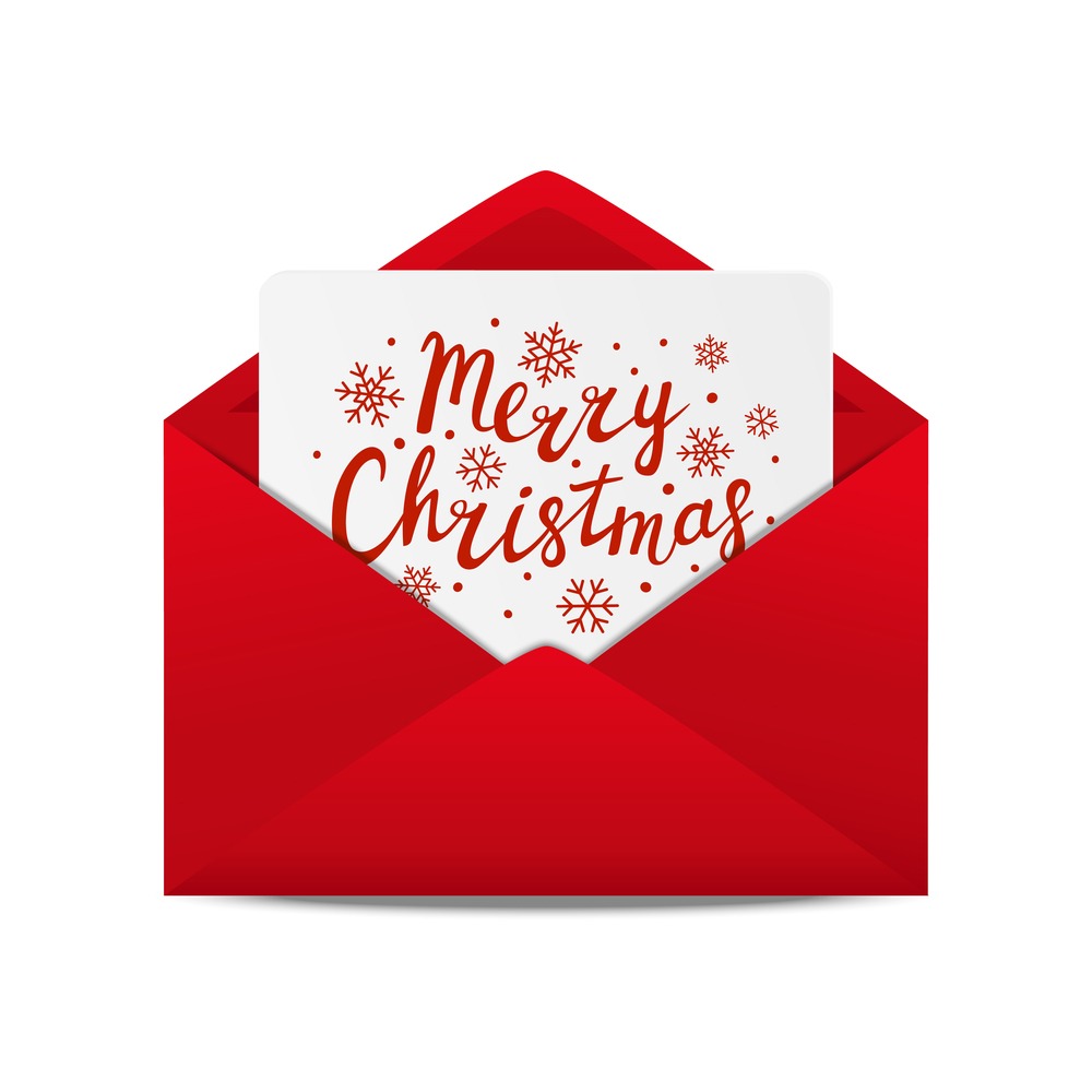 A red envelop with a white Christmas card that reads "merry Christmas" with red snowflakes.