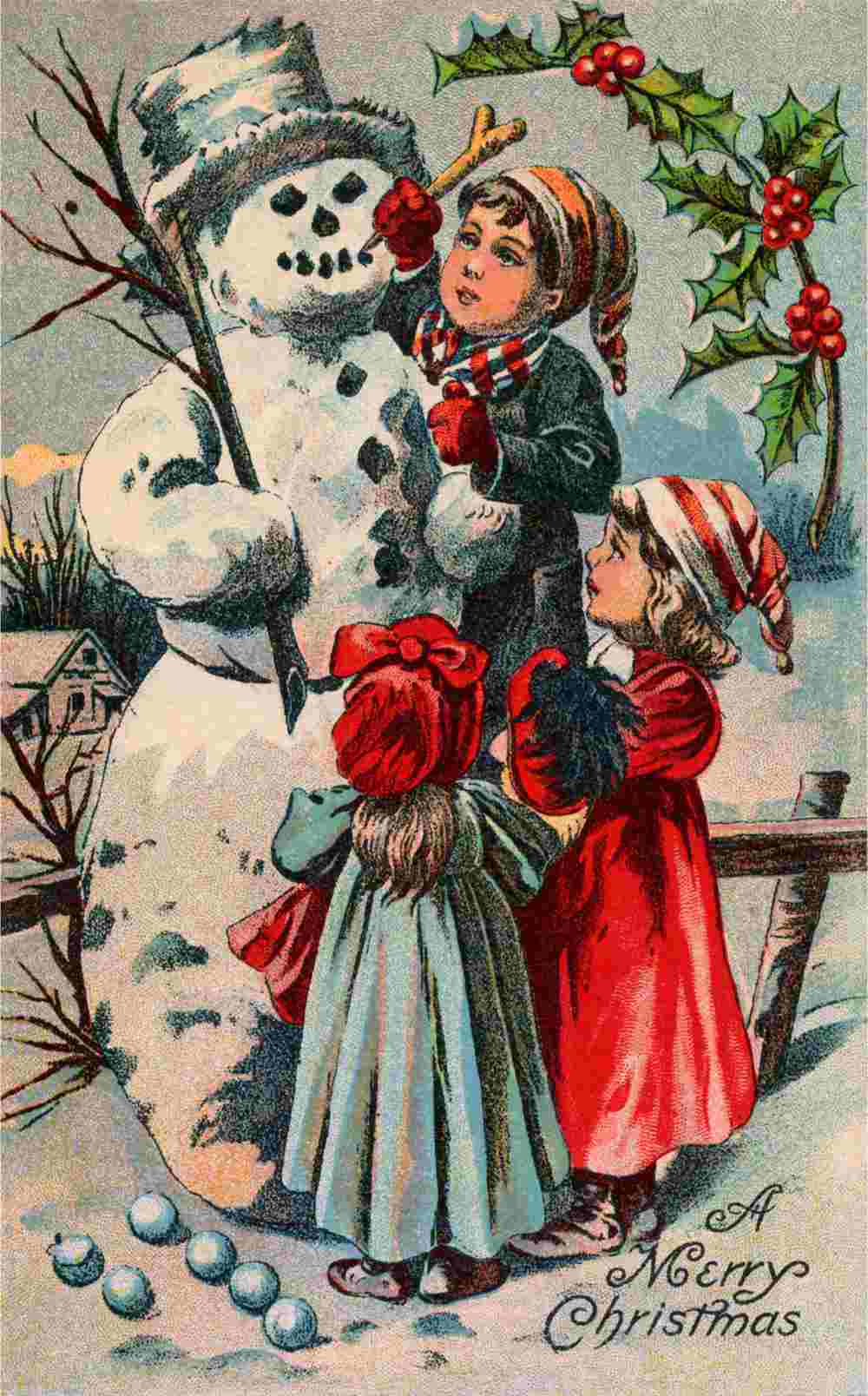 A vintage Christmas card design with three children next to a snowman with a silver hat.