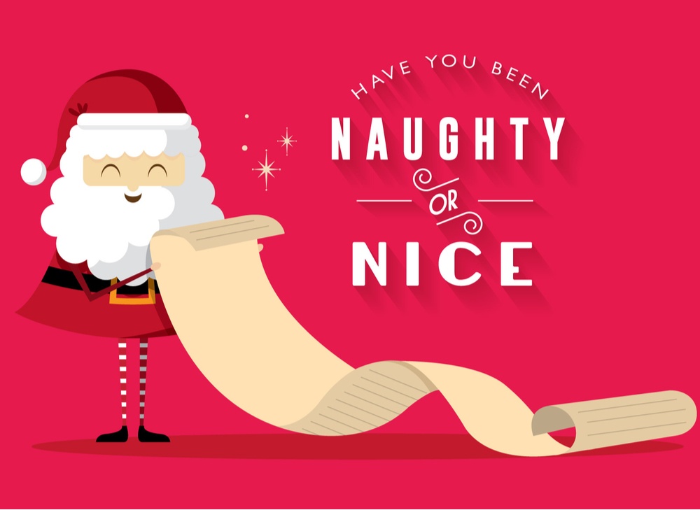 A clipart smiling Santa reading his naughty and nice list with text on the image that reads "have you been naughty or nice?".