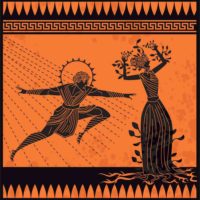 An orange and black depiction of the Apollo and Daphne myth where Apollo is chasing Daphne, and she turns into a laurel tree.