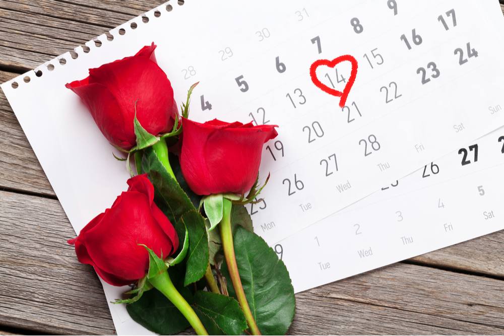 Three red roses laying on top of a February calendar with Valentine's Day circled in a red heart.