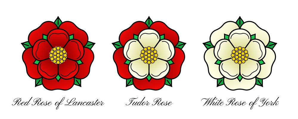 A graphic of three roses, the red rose of Lancaster, the white rose of York, and the unified Tudor rose.