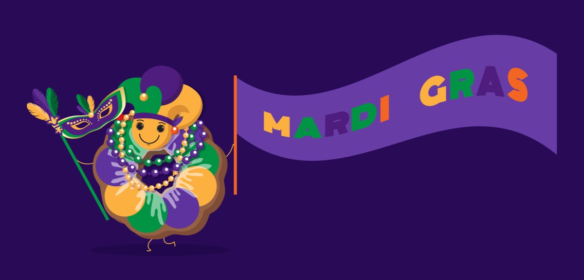 A cartoon king cake wearing a jesters hat, holding a Mardi Gras mask, and wearing Mardi Gras beads while holding a purple banner that reads "Mardi Gras".