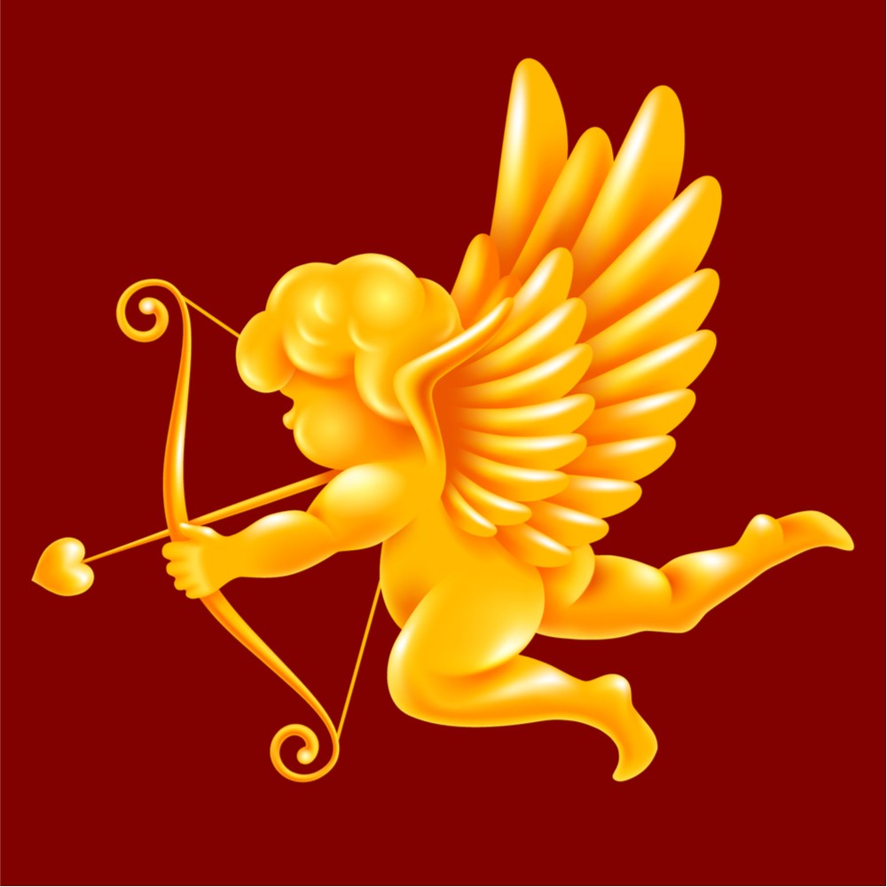 A gold baby Cupid with wings and his bow and arrow against a burgundy background.